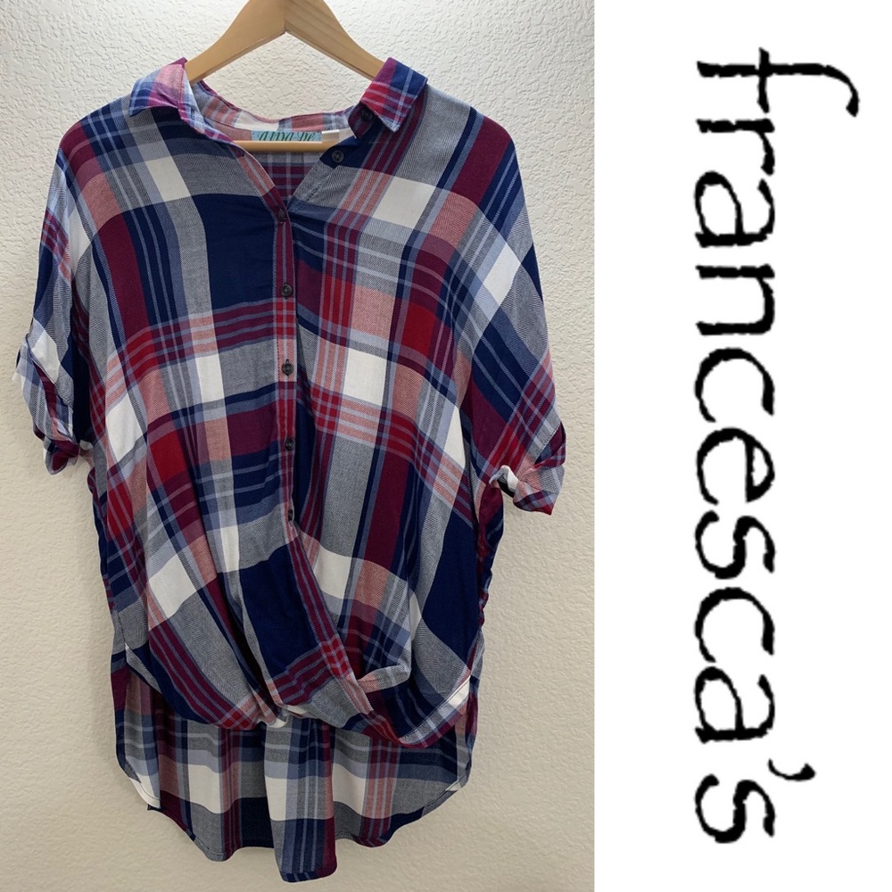 Francesca’s Collection Plaid Twist Front Top